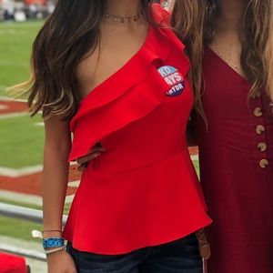 Red boutique off the shoulder ruffled top